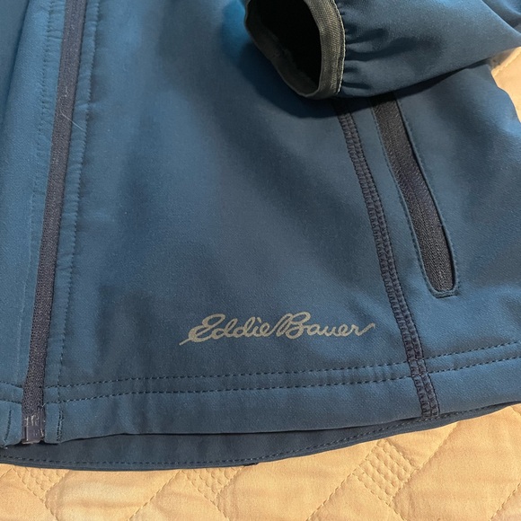 Eddie Bauer Navy fleece lined softshell Hooded Jacket small E17 - Picture 2 of 5